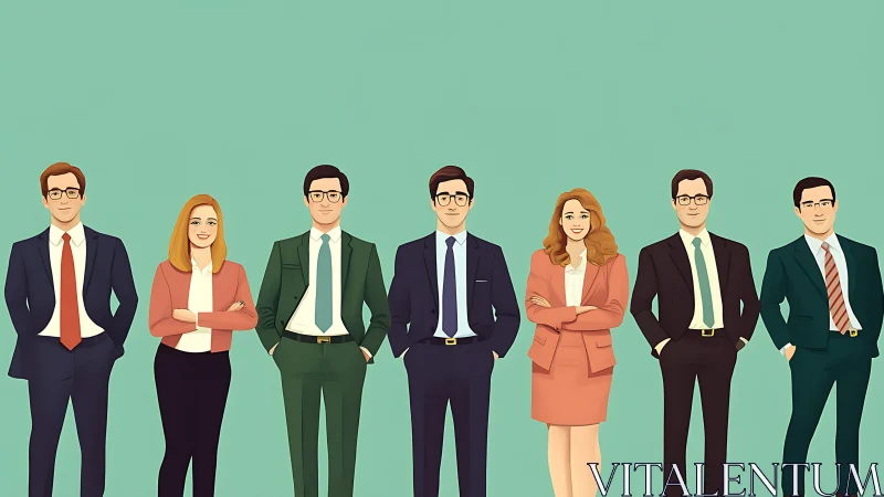 Seven business professionals stand in a row against green background