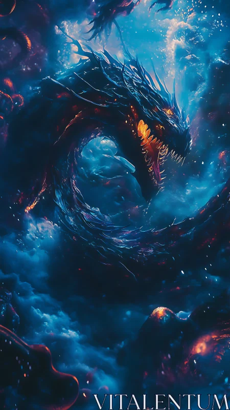 Cosmic dragon coils through glowing nebula storm of fire.