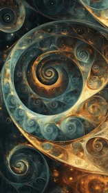 Golden teal fractal spirals in layered cosmic vortex.
