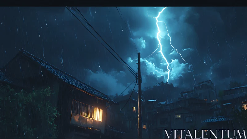 Lightning illuminates a residential street during heavy rain