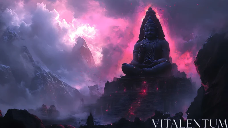 Colossal mountain deity statue glows amid stormy violet sky
