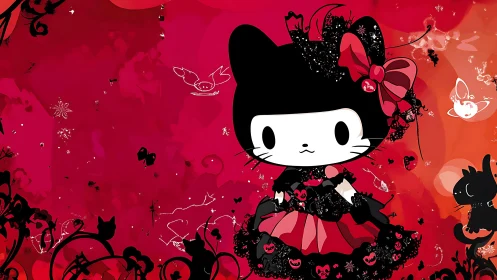 Gothic cat girl character in red fantasy illustration.