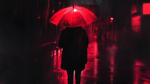 Lone figure with red umbrella walks through neon rainstorm.