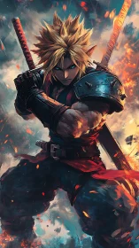 Fierce swordsman in a storm of sparks and rising fire.