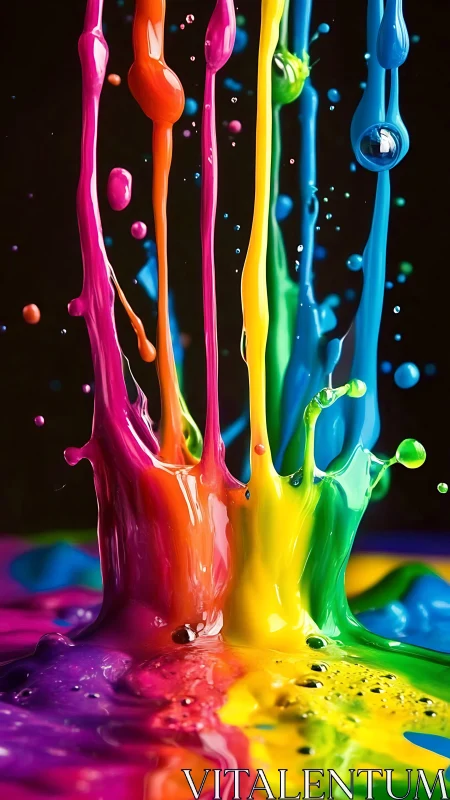 Exploding rainbow paint splashes erupt against deep black