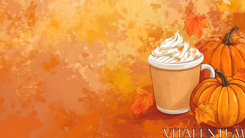 Creamy pumpkin latte cozying up in swirling autumn color.