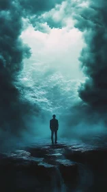 Solitary dreamer beneath a storm-torn doorway of light.