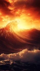 Fiery sunset wave curls beneath blazing storm-lit sky.