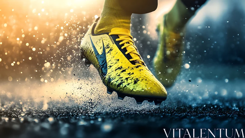 Yellow soccer cleats grip wet turf under stadium lights.