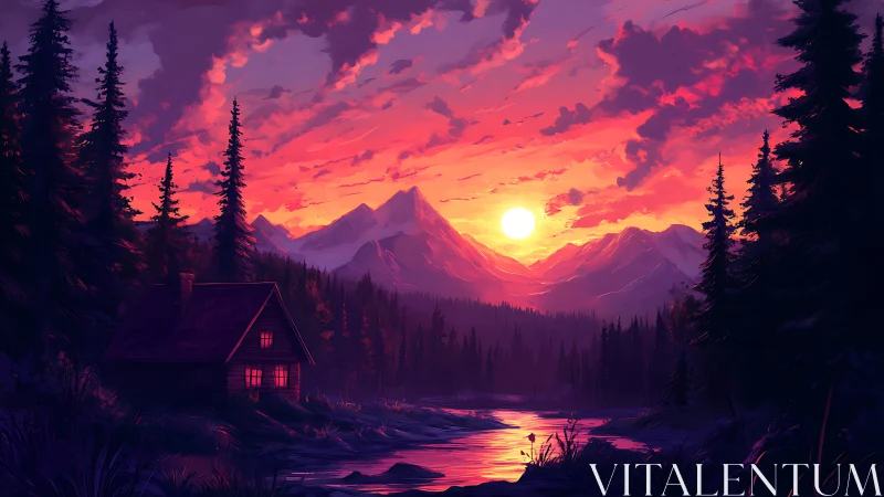 Sunlit mountain cabin rests beside a tranquil forest river