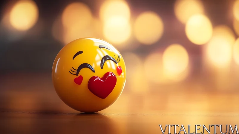 Yellow emoji sphere with heart-shaped mouth on bokeh background.