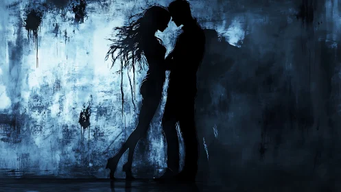 Silhouettes Entwined—Blue Whispers of Desire.