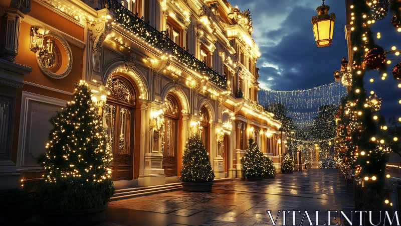 Grand boulevard palace glows under festive winter lights.