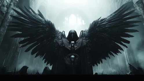 Hooded winged figure dominates ruined gothic nave in monochrome