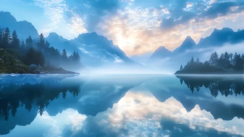Mountain lake mirrors misty peaks under soft sunrise light
