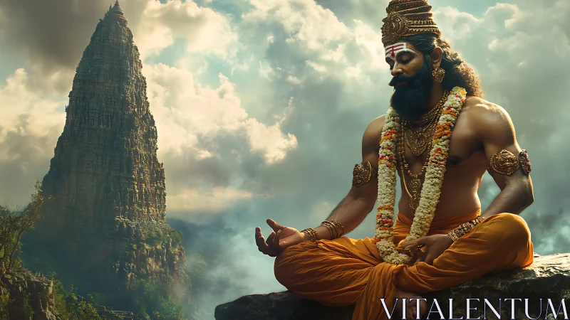 Mythic yogic ascetic in dynamic cloud-lit mountain environment.