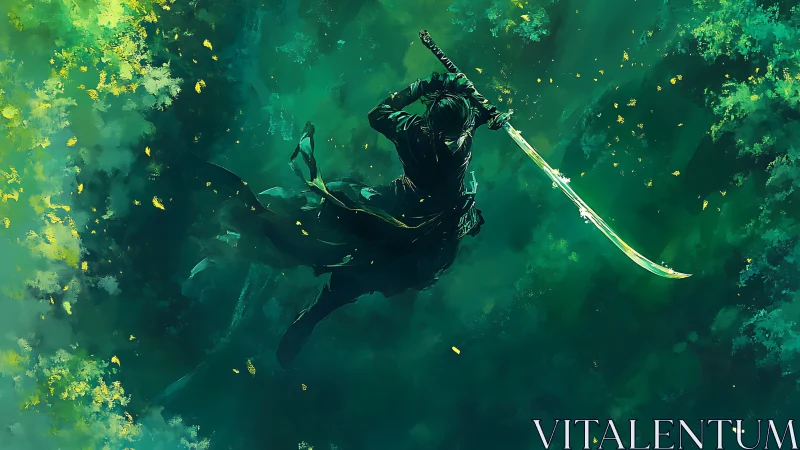 Lone masked swordsman leaping through glowing green mist.