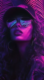 Neon-lit woman in shades beneath tropical cyber palms.