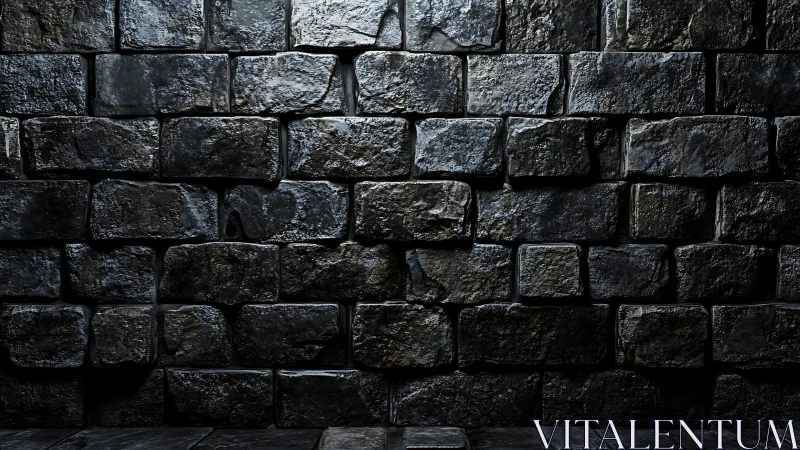 Dark stone block wall with rough textured surface details.