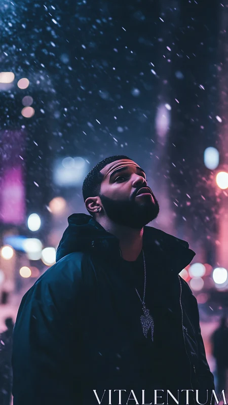 Solitary man studies neon snowfall under midnight city sky.