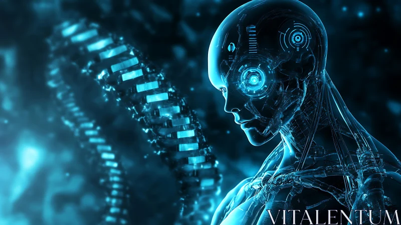 Neon-slick android contemplates a spiraling digital DNA strand