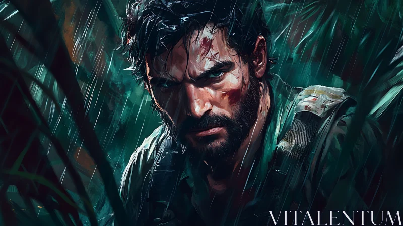 Rain-soaked jungle warrior staring down the storm.