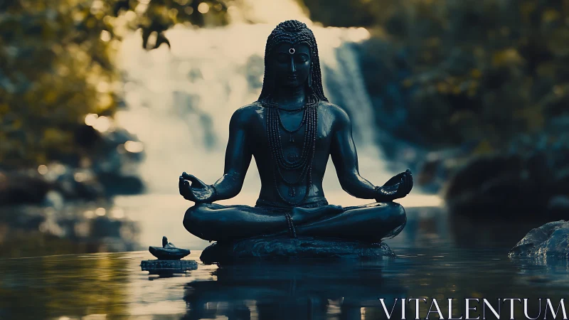 Meditating Buddha statue in tranquil waterfall dusk light.