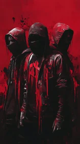 Crimson shadows convene as hooded phantoms drip into view