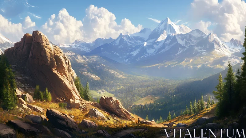 Sunlit alpine valley unfolds beneath snow-capped mountain range