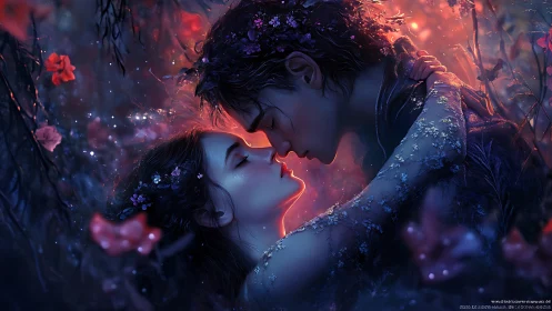 Two figures in intimate moment with luminous particles and floral elements.