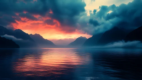 Fiery mountain sunset ignites misty lake horizon. Period.