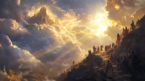 Celestial city above pilgrims ascending sunlit mountain path.