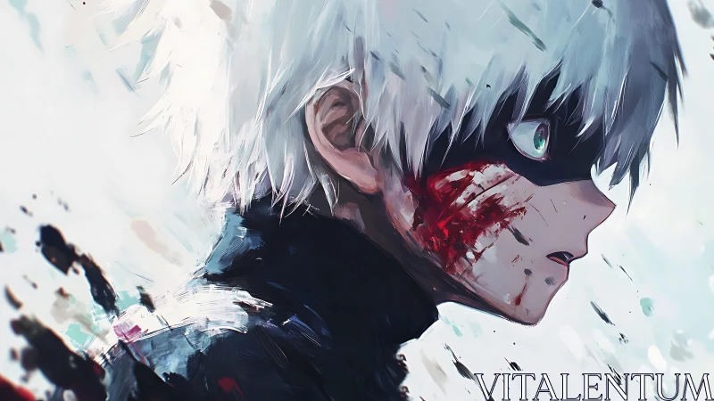 Side profile of masked white haired character with bloodstains.