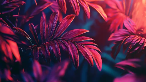 Neon tropical leaves glow in vivid magenta and teal light.
