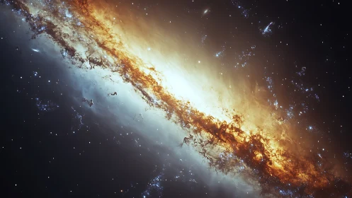 Diagonal galaxy band with glowing dust and star fields.