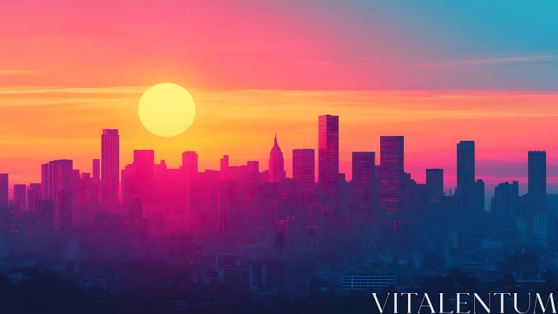 Neon drenched city skyline glows beneath a blazing sunset