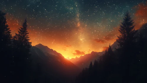 Golden mountain sunset under a dreamy starlit sky.