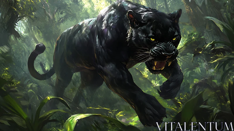 Digitally rendered black panther with luminous amber eyes stalking through misty jungle environment