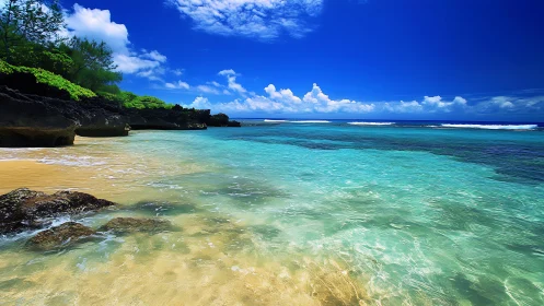 Sunlit tropical shoreline welcomes calm waves and soft sand