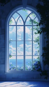 Gothic arch window framing ocean horizon in cool blue light.