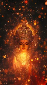 Golden deity figure with ornate crown in dark setting.