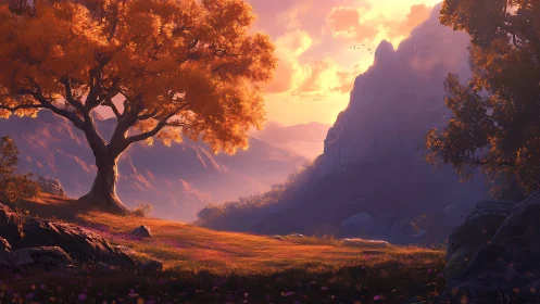 Golden dreamtree guarding a quiet violet mountain hollow.