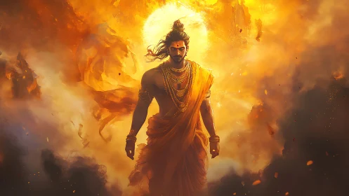 Radiant warrior strides through blazing celestial clouds.