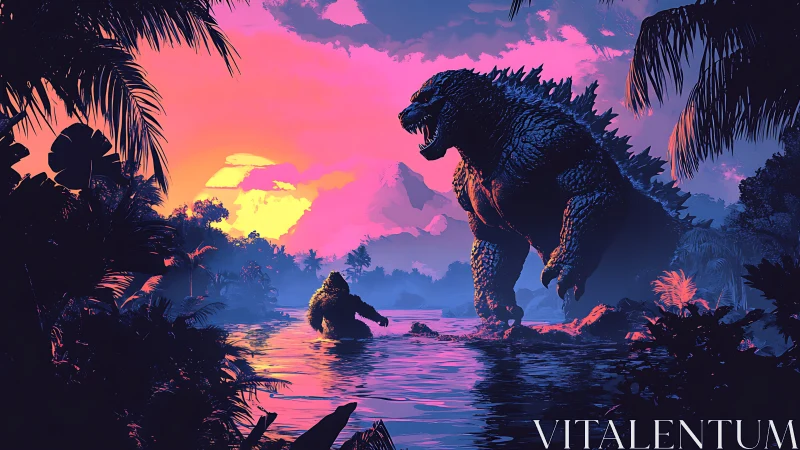 Giant reptile and ape in tropical lagoon at sunset.