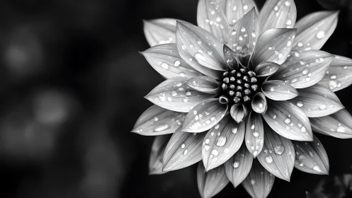Dahlia with dew drops black and white macro.