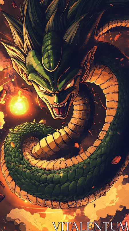 Fiery sky serpent coils through glowing storm of power.