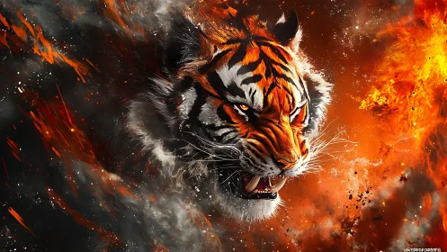 Blazing Ember Tiger Roaring Through Cosmic Firestorm.