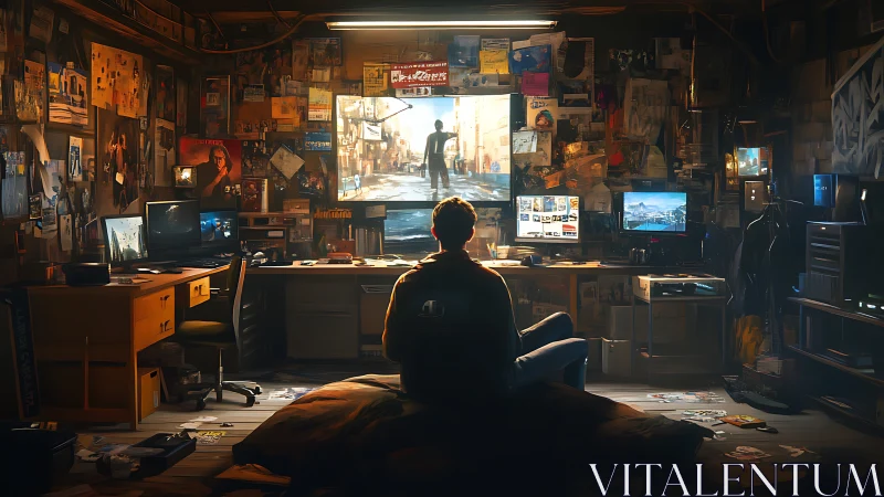 Solitary gamer in multi-monitor workspace, poster-filled den