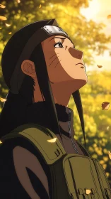 Anime warrior gazes upward in warm autumn forest light.