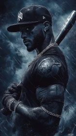 Dark baseball warrior holds bat under storm rain night